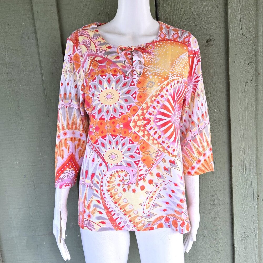 CHICO'S Orange Pink Lace Tie Top Sz 1 or US 8 or Medium